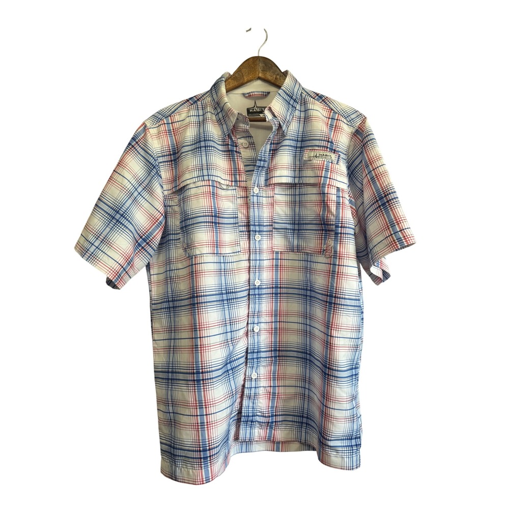 Habit Fishing Shirt Mens Medium Blue Red Upstream Plaid Excellent Short Sleeve